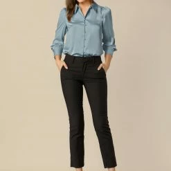 Allegra K Women's Satin Blouse Puff Sleeve Point Collar Vintage Button Up Shirt Tops