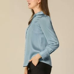 Allegra K Women's Satin Blouse Puff Sleeve Point Collar Vintage Button Up Shirt Tops