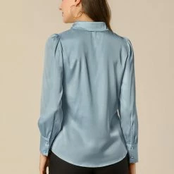 Allegra K Women's Satin Blouse Puff Sleeve Point Collar Vintage Button Up Shirt Tops