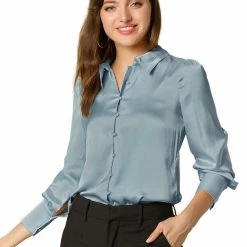 Allegra K Women's Satin Blouse Puff Sleeve Point Collar Vintage Button Up Shirt Tops