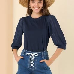 Allegra K Women's Retro Solid Color Blouse Semi Sheer 3/4 Sleeve Cotton Top 11 Allegra K Women's Retro Solid Color Blouse Semi Sheer 3/4 Sleeve Cotton Top