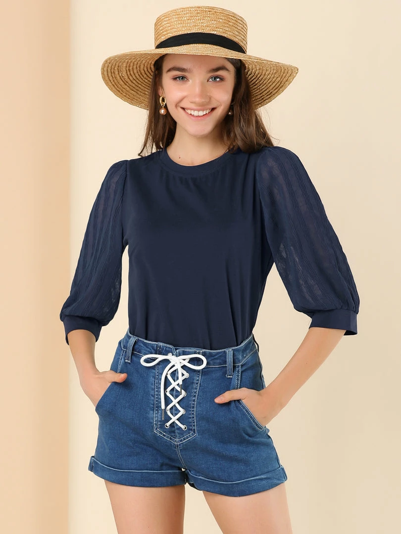 Allegra K Women's Retro Solid Color Blouse Semi Sheer 3/4 Sleeve Cotton Top 5 Allegra K Women's Retro Solid Color Blouse Semi Sheer 3/4 Sleeve Cotton Top