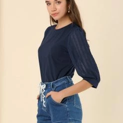 Allegra K Women's Retro Solid Color Blouse Semi Sheer 3/4 Sleeve Cotton Top 13 Allegra K Women's Retro Solid Color Blouse Semi Sheer 3/4 Sleeve Cotton Top