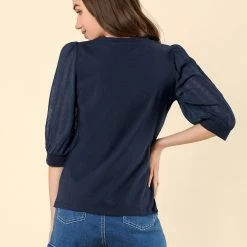 Allegra K Women's Retro Solid Color Blouse Semi Sheer 3/4 Sleeve Cotton Top 14 Allegra K Women's Retro Solid Color Blouse Semi Sheer 3/4 Sleeve Cotton Top