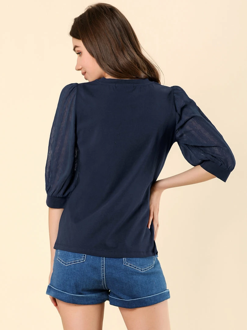 Allegra K Women's Retro Solid Color Blouse Semi Sheer 3/4 Sleeve Cotton Top 8 Allegra K Women's Retro Solid Color Blouse Semi Sheer 3/4 Sleeve Cotton Top