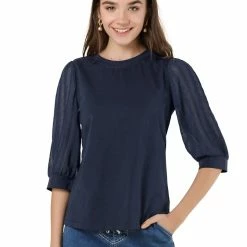 Allegra K Women's Retro Solid Color Blouse Semi Sheer 3/4 Sleeve Cotton Top