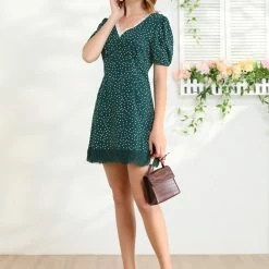 Allegra K Women's Lace Trim Deep V Neck Short Bubble Sleeve Vintage Polka Dots Dress