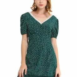 Allegra K Women's Lace Trim Deep V Neck Short Bubble Sleeve Vintage Polka Dots Dress