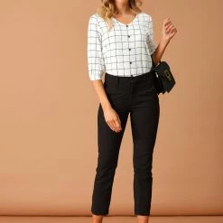 Allegra K Women's Plaid Blouses 3/4 Sleeve Check Spring Casual Shirt Tops