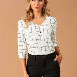 Allegra K Women's Plaid Blouses 3/4 Sleeve Check Spring Casual Shirt Tops