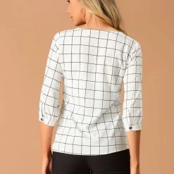 Allegra K Women's Plaid Blouses 3/4 Sleeve Check Spring Casual Shirt Tops