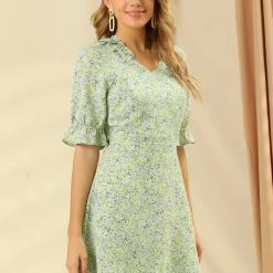 Allegra K Women's Floral Short Raglan Sleeves Frilly V Neck Dress