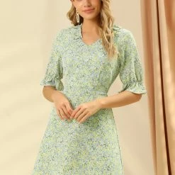 Allegra K Women's Floral Short Raglan Sleeves Frilly V Neck Dress
