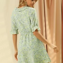 Allegra K Women's Floral Short Raglan Sleeves Frilly V Neck Dress