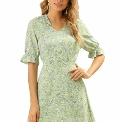 Allegra K Women's Floral Short Raglan Sleeves Frilly V Neck Dress