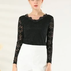 Allegra K Women’s Floral Lace Shirt Top V-Neck Long Sleeve Lace Scalloped Trim Blouse 29 Allegra K Women’s Floral Lace Shirt Top V-Neck Long Sleeve Lace Scalloped Trim Blouse