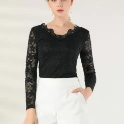 Allegra K Women’s Floral Lace Shirt Top V-Neck Long Sleeve Lace Scalloped Trim Blouse 30 Allegra K Women’s Floral Lace Shirt Top V-Neck Long Sleeve Lace Scalloped Trim Blouse