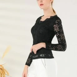 Allegra K Women’s Floral Lace Shirt Top V-Neck Long Sleeve Lace Scalloped Trim Blouse 31 Allegra K Women’s Floral Lace Shirt Top V-Neck Long Sleeve Lace Scalloped Trim Blouse