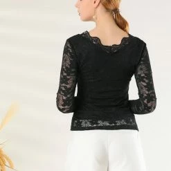 Allegra K Women’s Floral Lace Shirt Top V-Neck Long Sleeve Lace Scalloped Trim Blouse 32 Allegra K Women’s Floral Lace Shirt Top V-Neck Long Sleeve Lace Scalloped Trim Blouse