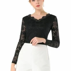 Allegra K Women’s Floral Lace Shirt Top V-Neck Long Sleeve Lace Scalloped Trim Blouse 28 Allegra K Women’s Floral Lace Shirt Top V-Neck Long Sleeve Lace Scalloped Trim Blouse