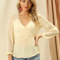 Allegra K Women's Swiss Dots Tie Front Sheer Summer V Neck Blouse Shirts 13 Allegra K Women's Swiss Dots Tie Front Sheer Summer V Neck Blouse Shirts