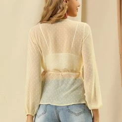 Allegra K Women's Swiss Dots Tie Front Sheer Summer V Neck Blouse Shirts 14 Allegra K Women's Swiss Dots Tie Front Sheer Summer V Neck Blouse Shirts