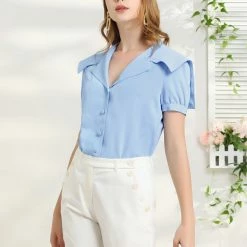 Allegra K Women's Cute Button Front Puff Sleeves Sailor Collar Shirt Blouse 11 Allegra K Women's Cute Button Front Puff Sleeves Sailor Collar Shirt Blouse