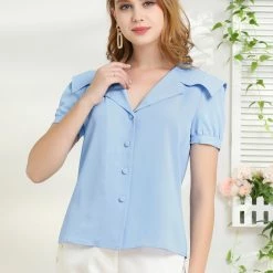 Allegra K Women's Cute Button Front Puff Sleeves Sailor Collar Shirt Blouse 12 Allegra K Women's Cute Button Front Puff Sleeves Sailor Collar Shirt Blouse