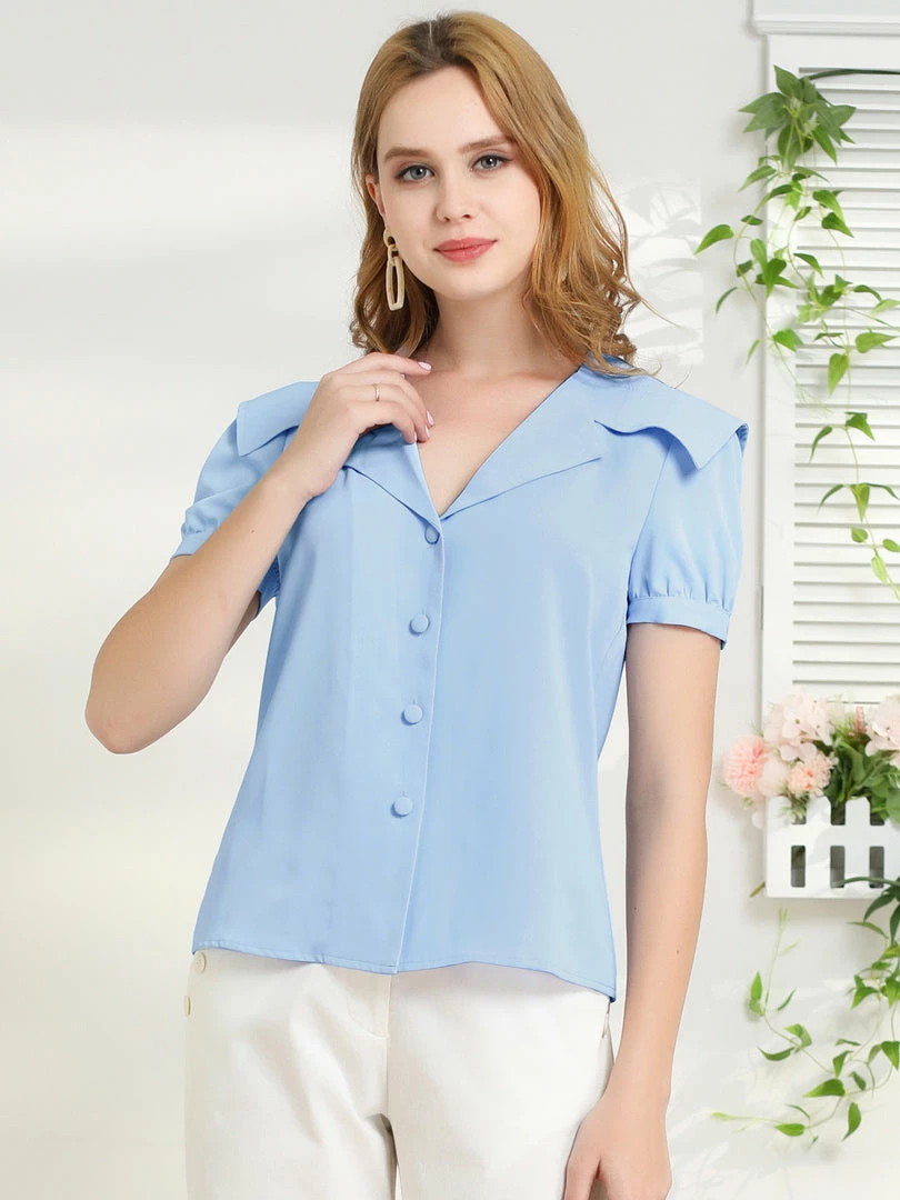Allegra K Women's Cute Button Front Puff Sleeves Sailor Collar Shirt Blouse 6 Allegra K Women's Cute Button Front Puff Sleeves Sailor Collar Shirt Blouse