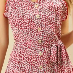 Allegra K Women's Spaghetti Strap Sleeveless Tie Waist Back Smocked Ruffle Hem Floral Dress