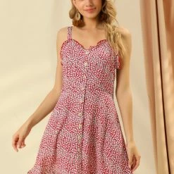 Allegra K Women's Spaghetti Strap Sleeveless Tie Waist Back Smocked Ruffle Hem Floral Dress