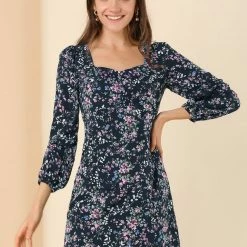 Allegra K Women's Floral Vintage Puff Sleeve Sweetheart Neckline Ruched Dresses