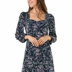 Allegra K Women's Floral Vintage Puff Sleeve Sweetheart Neckline Ruched Dresses