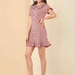 Allegra K Women's Ruffle Peter Pan Collar Casual Button Up Plaid Checkered Dress 14 Allegra K Women's Ruffle Peter Pan Collar Casual Button Up Plaid Checkered Dress