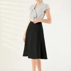 Allegra K Women's Polka Dots Office Shirt Ruffled Sleeve Tie Neck Blouse