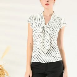 Allegra K Women's Polka Dots Office Shirt Ruffled Sleeve Tie Neck Blouse