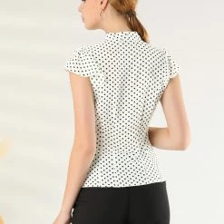Allegra K Women's Polka Dots Office Shirt Ruffled Sleeve Tie Neck Blouse