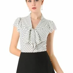 Allegra K Women's Polka Dots Office Shirt Ruffled Sleeve Tie Neck Blouse