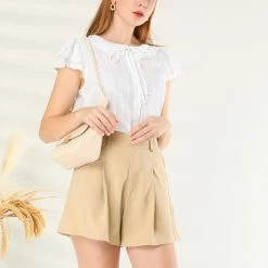 Allegra K Women's Flutter Sleeve Button Front Ruffle Neck Tie Neck Cotton Work Blouse