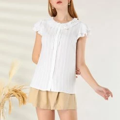 Allegra K Women's Flutter Sleeve Button Front Ruffle Neck Tie Neck Cotton Work Blouse