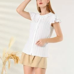 Allegra K Women's Flutter Sleeve Button Front Ruffle Neck Tie Neck Cotton Work Blouse