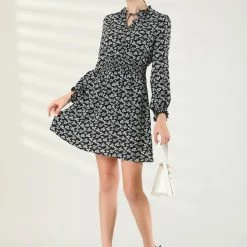 Allegra K Women's Floral Smocked Waist Puff Sleeve Self-Tie Neck Mini Dress