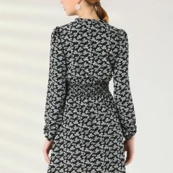 Allegra K Women's Floral Smocked Waist Puff Sleeve Self-Tie Neck Mini Dress