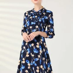 Allegra K Women's Floral Tie Neck 3/4 Sleeve Work Midi Flowy Flare Dress 11 Allegra K Women's Floral Tie Neck 3/4 Sleeve Work Midi Flowy Flare Dress