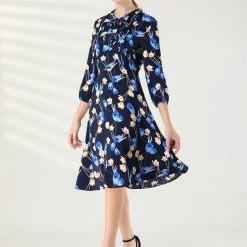 Allegra K Women's Floral Tie Neck 3/4 Sleeve Work Midi Flowy Flare Dress 12 Allegra K Women's Floral Tie Neck 3/4 Sleeve Work Midi Flowy Flare Dress