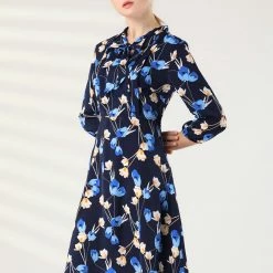 Allegra K Women's Floral Tie Neck 3/4 Sleeve Work Midi Flowy Flare Dress 13 Allegra K Women's Floral Tie Neck 3/4 Sleeve Work Midi Flowy Flare Dress