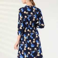 Allegra K Women's Floral Tie Neck 3/4 Sleeve Work Midi Flowy Flare Dress 14 Allegra K Women's Floral Tie Neck 3/4 Sleeve Work Midi Flowy Flare Dress