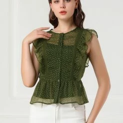 Allegra K Women's Stars Print Ruffle Trim Sleeveless Peplum Top Shirt