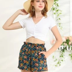 Allegra K Women's Summer Elastic Waist Rose Floral Shorts