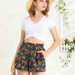 Allegra K Women's Summer Elastic Waist Rose Floral Shorts